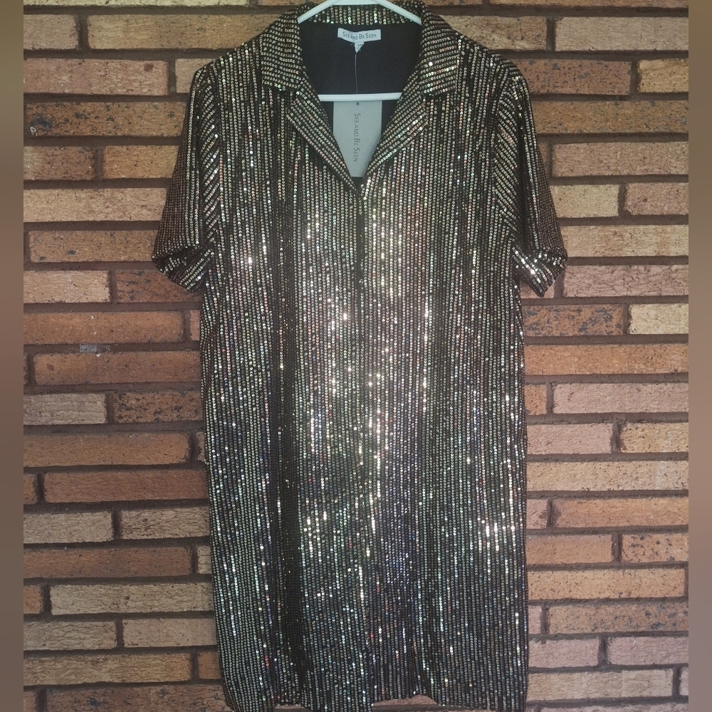 NWT See And Be Seen Medium Gold And Black Sequin Button Down Dress